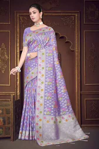  Lavender silk blend Saree with Zari Woven Floral Thread Work & Running Blouse Piece
