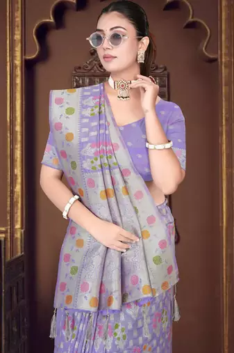  Lavender silk blend Saree with Zari Woven Floral Thread Work & Running Blouse Piece