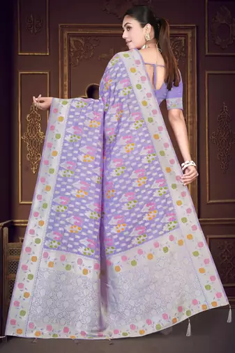  Lavender silk blend Saree with Zari Woven Floral Thread Work & Running Blouse Piece