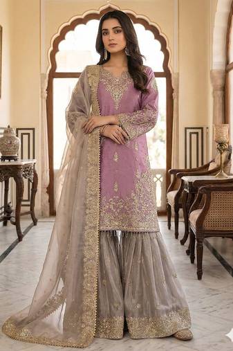 Pink colour designer gmy silk embroidered sharara suit set
