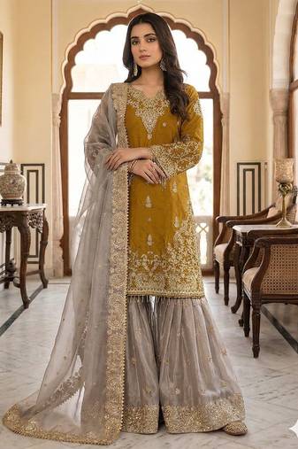 Gold colour designer gmy silk embroidered sharara suit set