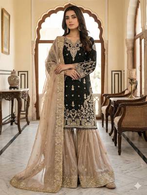 Black colour designer gmy silk embroidered sharara suit set 1