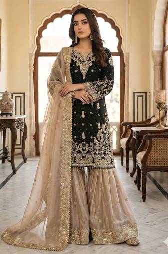 Black colour designer gmy silk embroidered sharara suit set