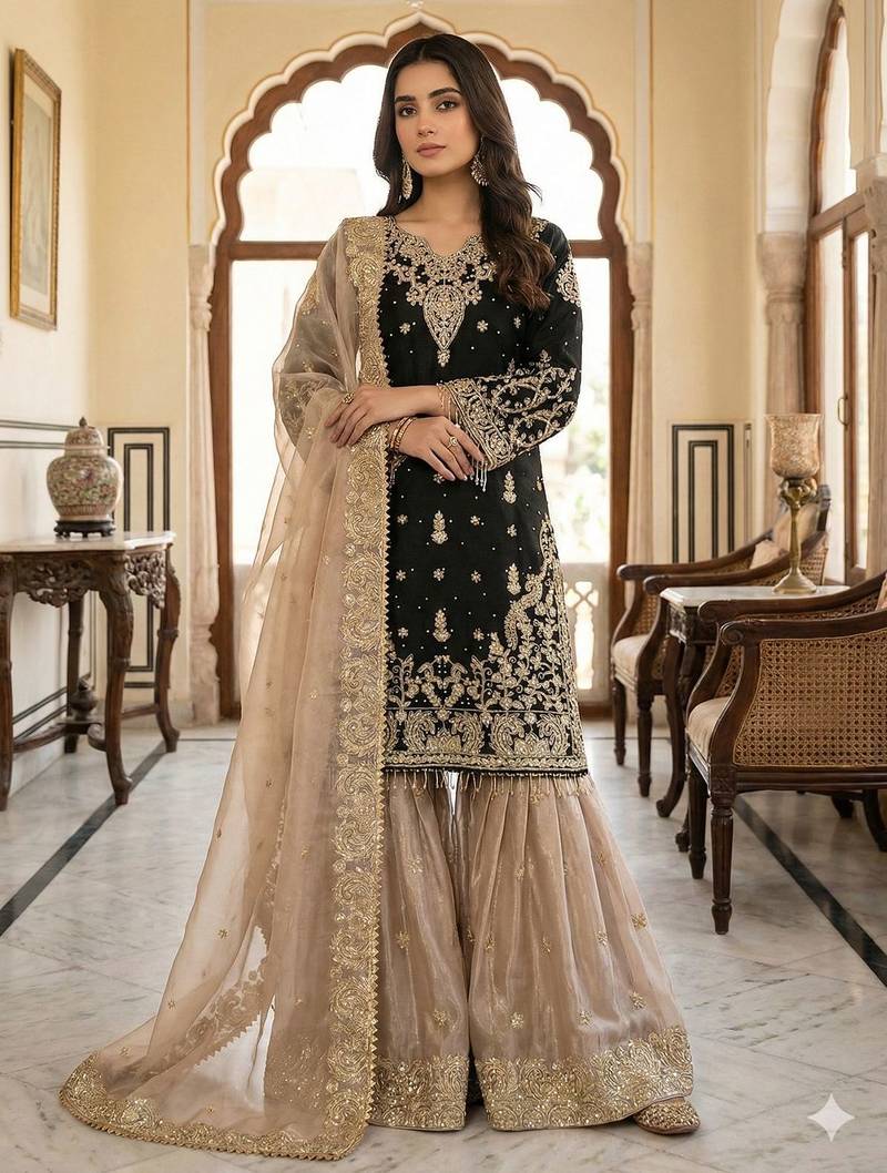 black silk blend embroidered sharara suit set
