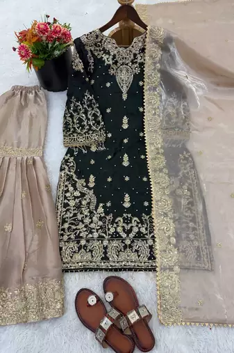 Black colour designer gmy silk embroidered sharara suit set
