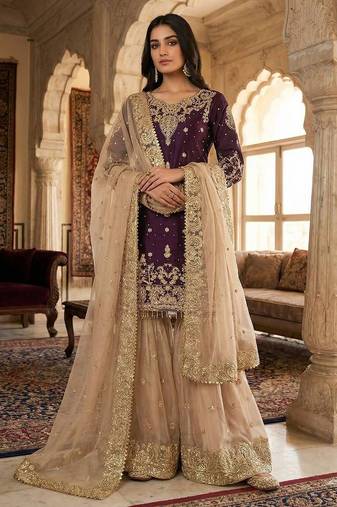 Wine colour designer gmy silk embroidered sharara suit set