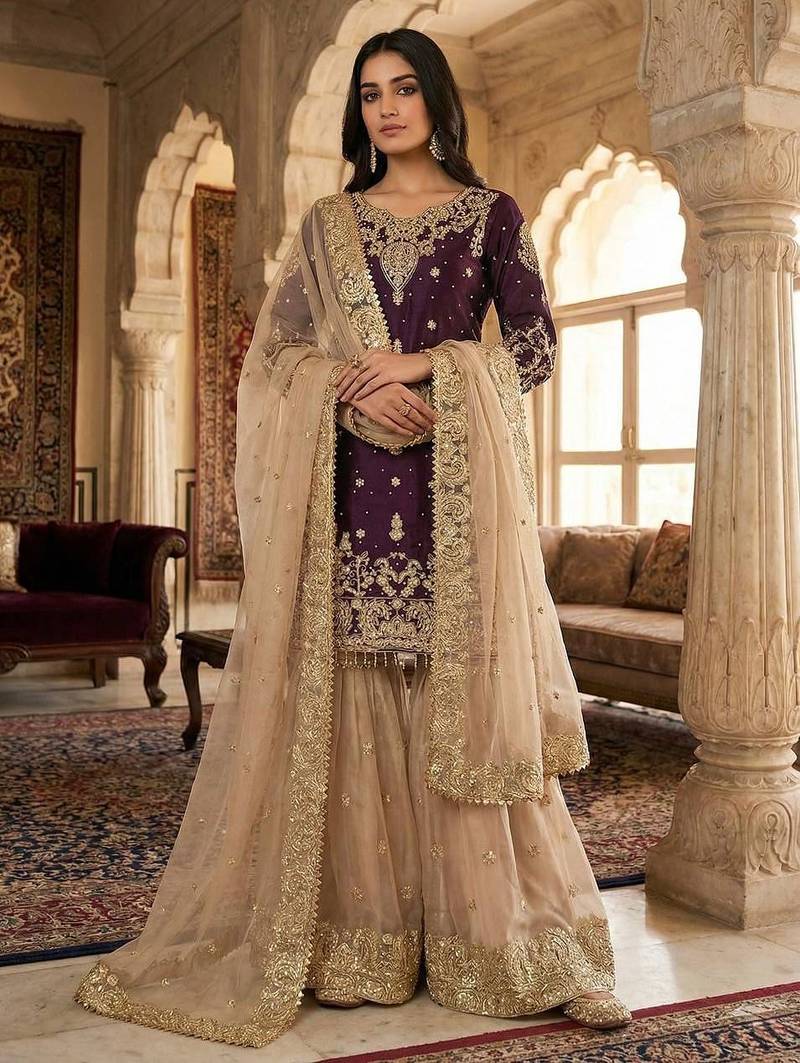 wine silk blend embroidered sharara suit set