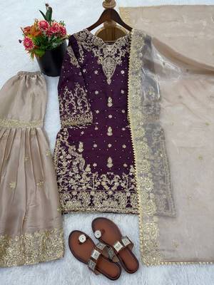 Wine colour designer gmy silk embroidered sharara suit set 2