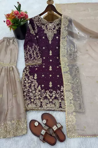 Wine colour designer gmy silk embroidered sharara suit set