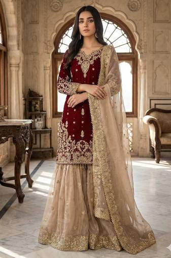 Red colour designer gmy silk embroidered sharara suit set