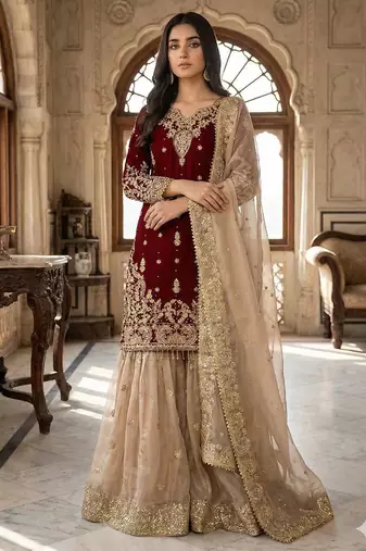 Red colour designer gmy silk embroidered sharara suit set