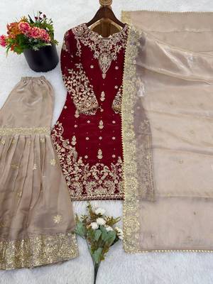 Red colour designer gmy silk embroidered sharara suit set 2