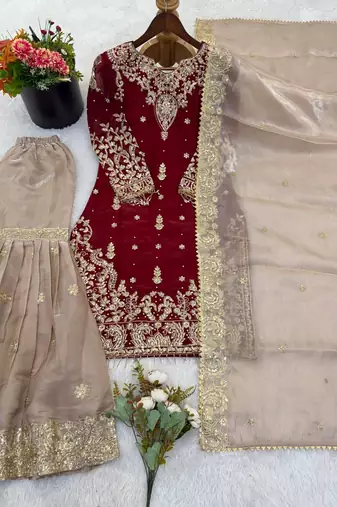 Red colour designer gmy silk embroidered sharara suit set