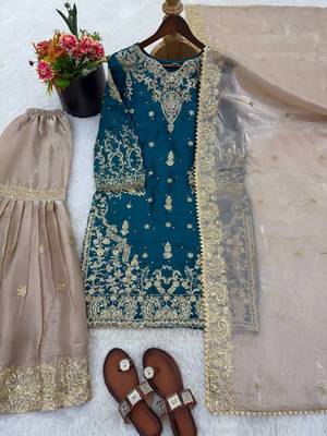 Teal blue designer gmy silk embroidered sharara suit set 2