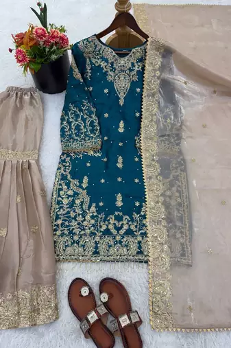 Teal blue designer gmy silk embroidered sharara suit set