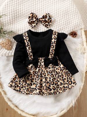 Black ribbed leopard print bow baby frock dress set 1