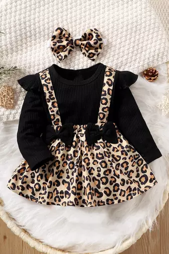 Black ribbed leopard print bow baby frock dress set