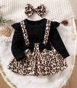 Black ribbed leopard print bow baby frock dress set