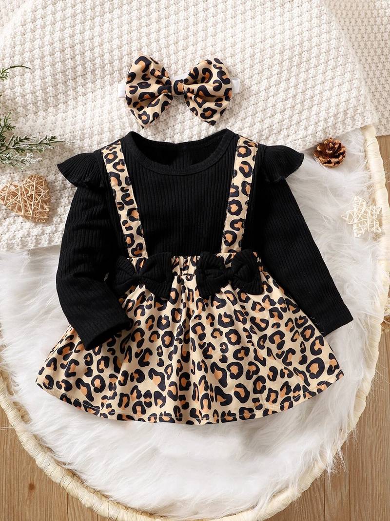 Black ribbed leopard print bow baby frock dress set