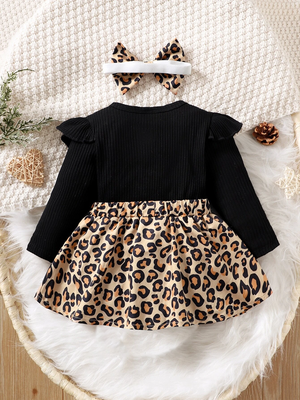 Black ribbed leopard print bow baby frock dress set 2