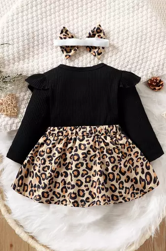 Black ribbed leopard print bow baby frock dress set
