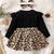 Black ribbed leopard print bow baby frock dress set