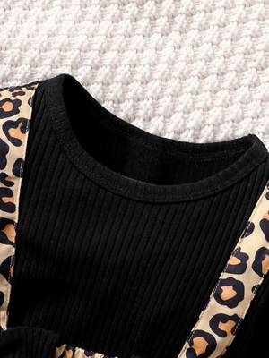 Black ribbed leopard print bow baby frock dress set 3