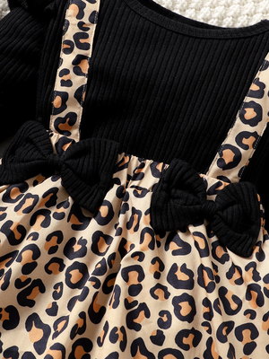 Black ribbed leopard print bow baby frock dress set 4