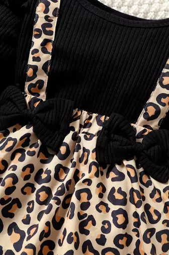 Black ribbed leopard print bow baby frock dress set