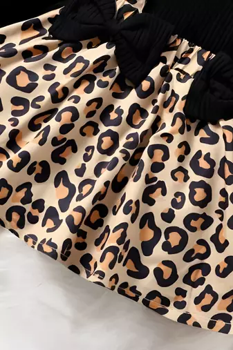 Black ribbed leopard print bow baby frock dress set