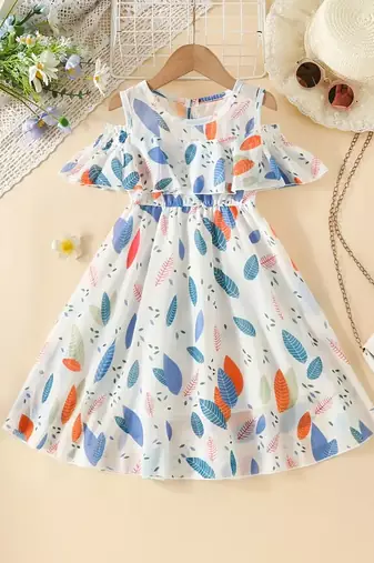 White floral leaf print cold shoulder girls dress