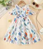White floral leaf print cold shoulder girls dress