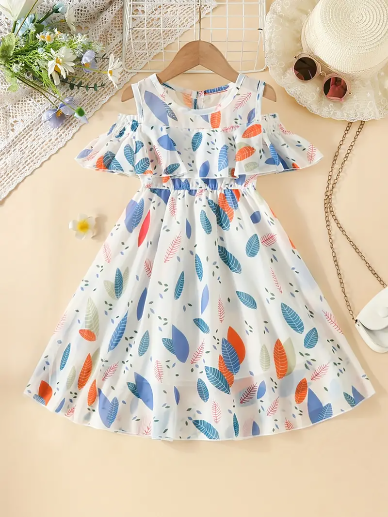 White floral leaf print cold shoulder girls dress