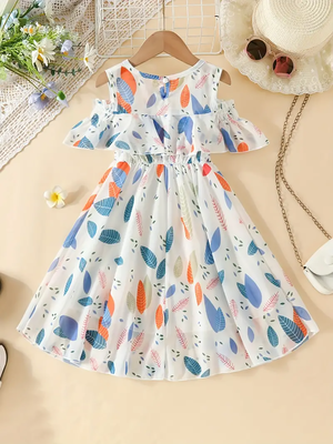 White floral leaf print cold shoulder girls dress 2