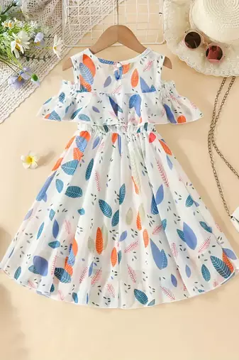 White floral leaf print cold shoulder girls dress