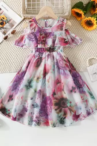 Purple floral leaf print cold shoulder girls dress
