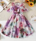 Purple floral leaf print cold shoulder girls dress
