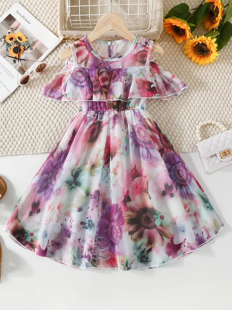 Purple floral leaf print cold shoulder girls dress