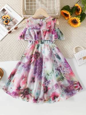 Purple floral leaf print cold shoulder girls dress 2
