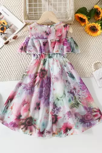 Purple floral leaf print cold shoulder girls dress