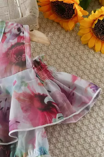 Purple floral leaf print cold shoulder girls dress