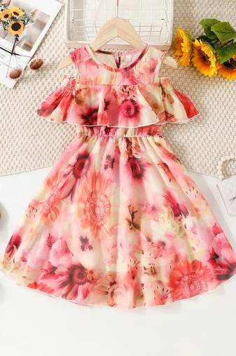 Orange floral leaf print cold shoulder girls dress