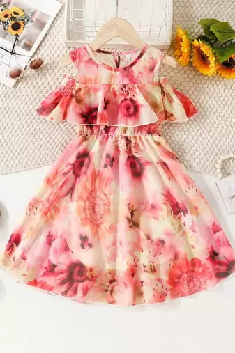 Orange floral leaf print cold shoulder girls dress