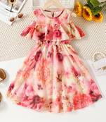 Orange floral leaf print cold shoulder girls dress