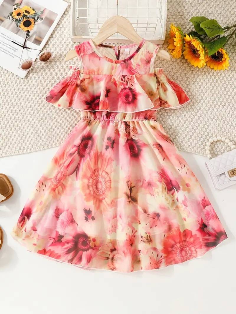 Orange floral leaf print cold shoulder girls dress
