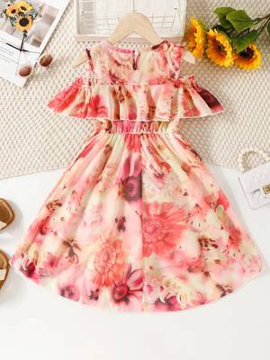 Orange floral leaf print cold shoulder girls dress 2
