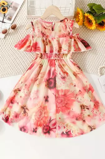 Orange floral leaf print cold shoulder girls dress