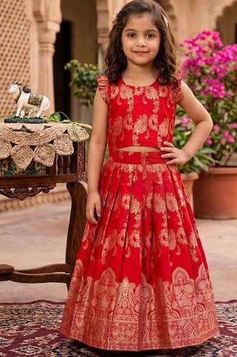 Red banarasi silk kids lehenga choli set with zari jacquard work for girls