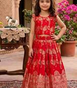 Red banarasi silk kids lehenga choli set with zari jacquard work for girls