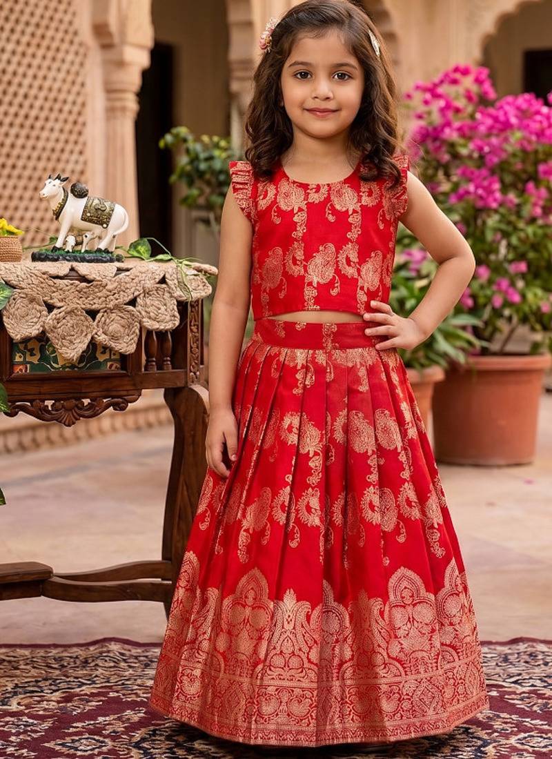 Red banarasi silk kids lehenga choli set with zari jacquard work for girls